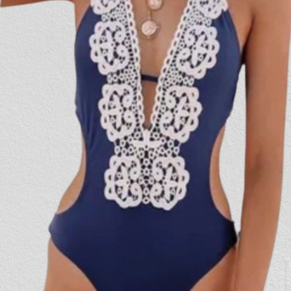 Cupshe Blue Lace Cut Out Plunging Swimsuit 4219 NWT Boutique - Picture 1 of 8